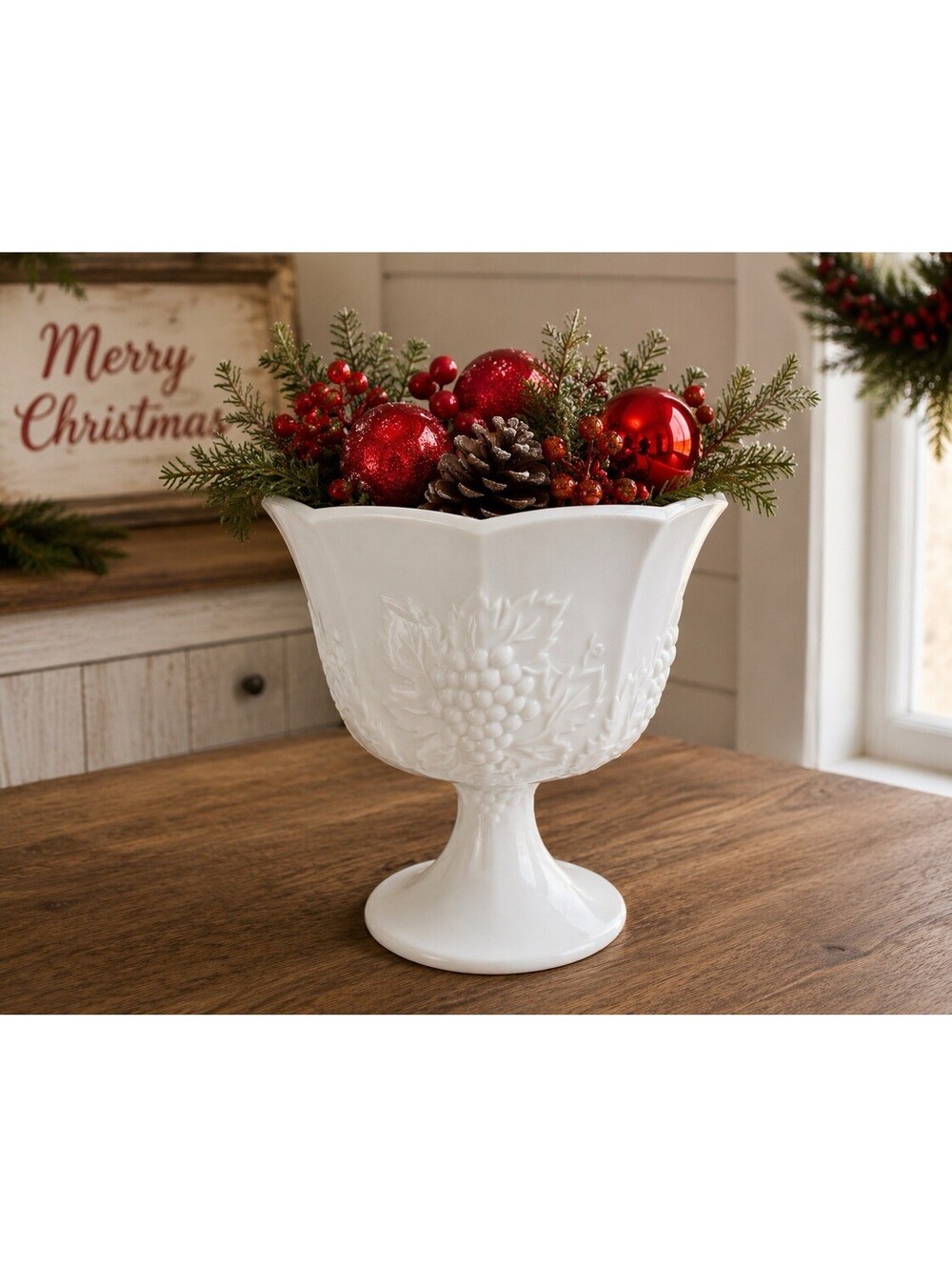 Vintage White Milk Glass Paneled Grape Pedestal Compote Candy Dish 6.5” Tall